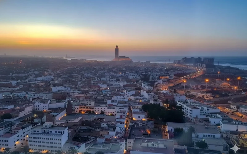 Vue aérienne de Casablanca au crépuscule — ATLASEO agence SEO local et création site web Maroc