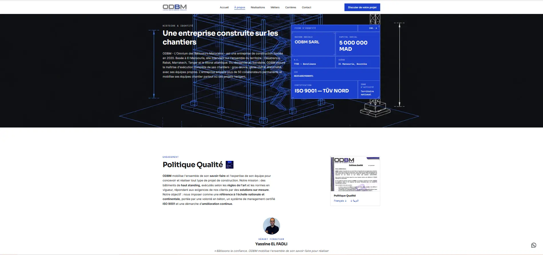 Site web entrepriseodbm.ma — ODBM entreprise BTP gros œuvre et génie civil au Maroc, réalisation ATLASEO agence web