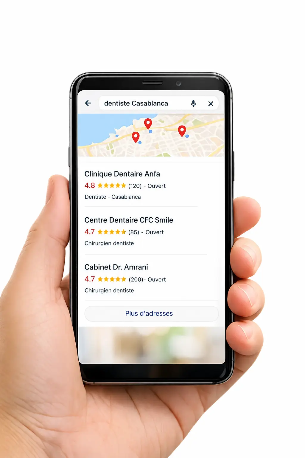 phone displaying Google Maps local search results in Casablanca